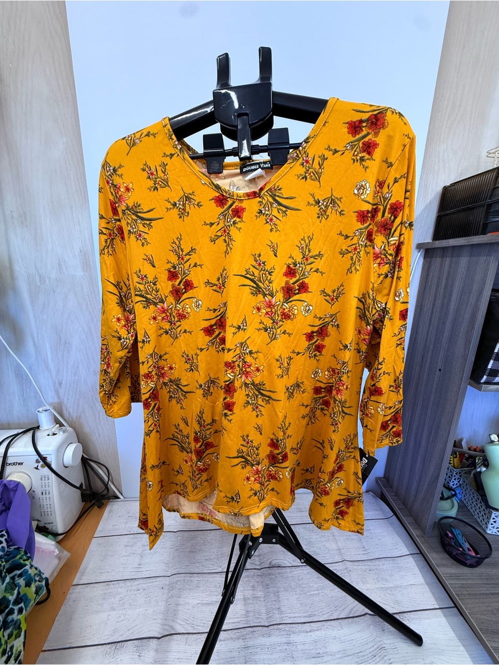 Woman’s Plus Mustard Floral V-Neck Women's Top Made USA 2X